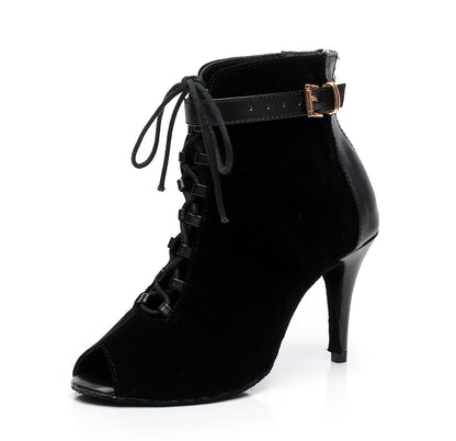 Botas negras de tacón alto para mujer, zapatos de baile latino