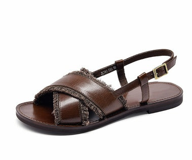 Zapatos planos de cuero cruzados sencillos para mujer, sandalias romanas para playa, zapatos casuales para mujer