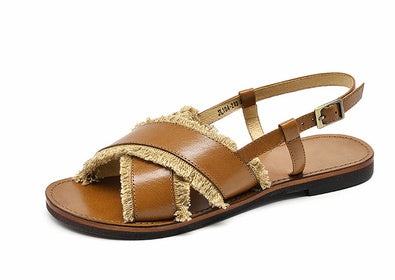 Zapatos planos de cuero cruzados sencillos para mujer, sandalias romanas para playa, zapatos casuales para mujer