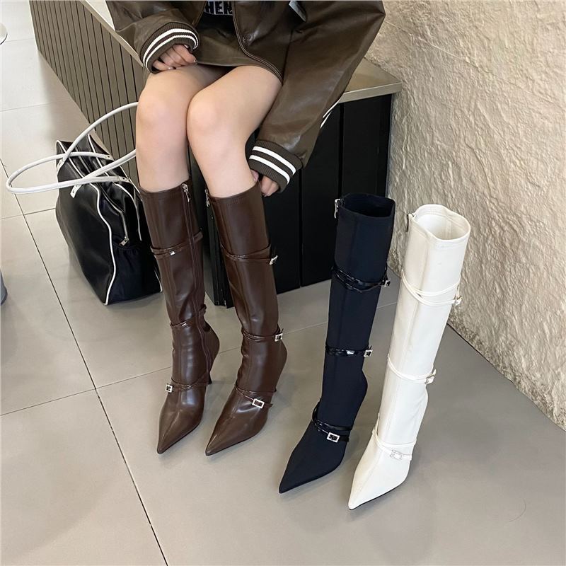 Botas de salto alto com fivela de cinto de bico fino personalizadas e emagrecedoras