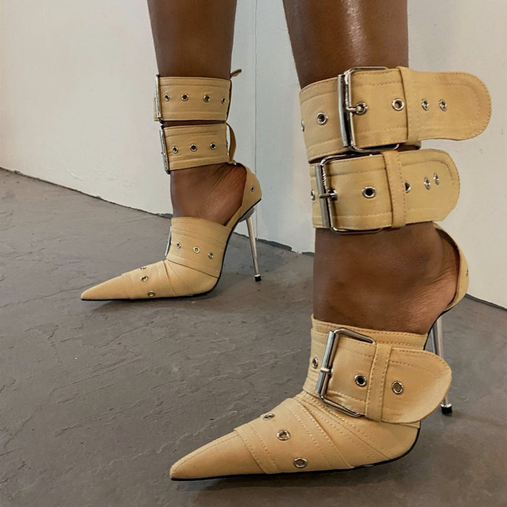 Nuevas sandalias de tacón alto con punta cerrada y hebilla grande en punta, zapatos sexys para mujer