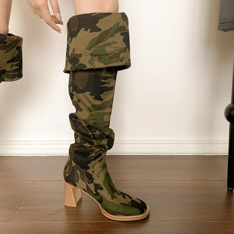 Botas largas de mezclilla con tacón grueso y diseño de camuflaje y cabeza redonda para mujer