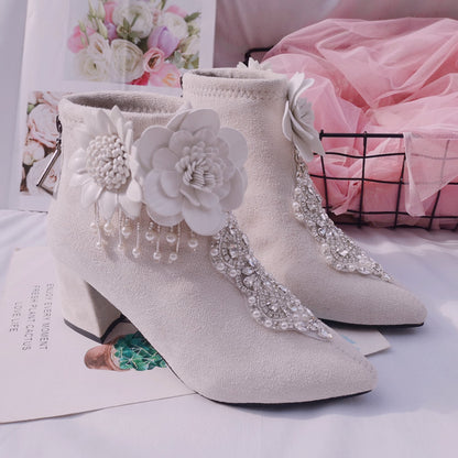 Sapatos femininos artesanais de lã com bico fino e botas femininas com strass