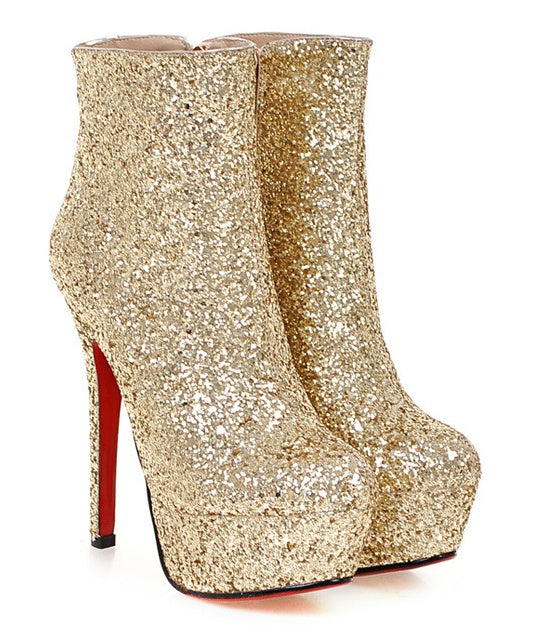 European and American fine heel sequined female boots