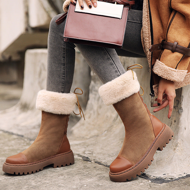 Botas de algodão quentes, botas de lã com sola grossa e bico redondo