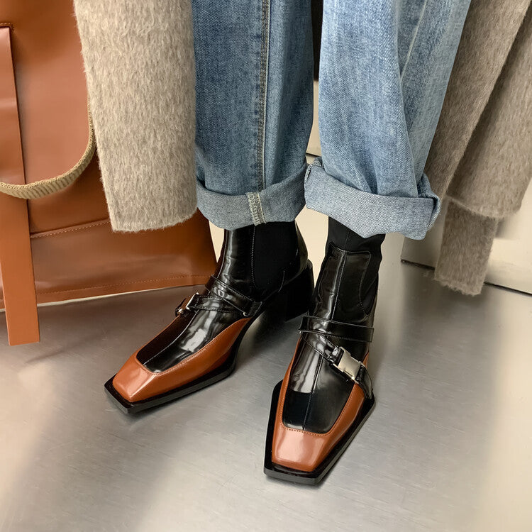 Square Toe Colorblock Belt Buckle Chunky Heel Women's Short Boots