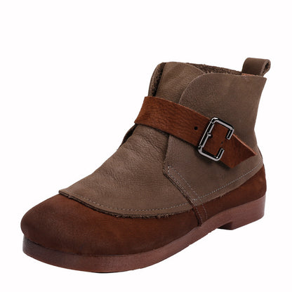 Botas de mujer de piel auténtica estilo étnico con correa de hebilla y punta redonda planas nuevas botas de mujer hechas a mano para otoño e invierno