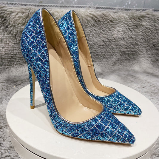 Zapatos de boda de tacón alto con lentejuelas azules para uso diario