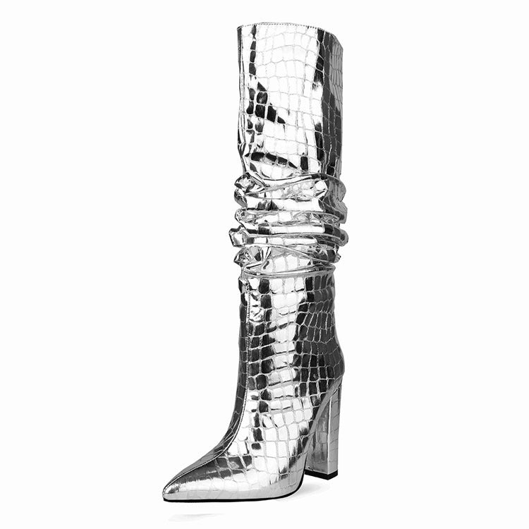 Padrão de pedra de metal grosso salto alto Stovepipe Plus Size botas femininas de cano médio