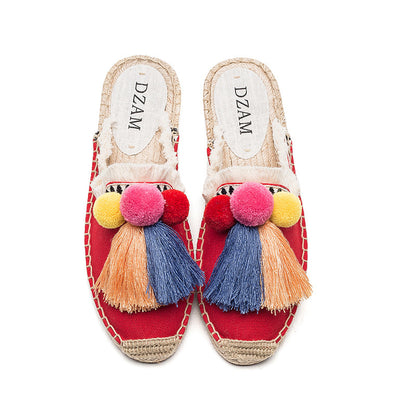 Fringed Straw Slippers Casual Lazy Fur Ball Linen Flat