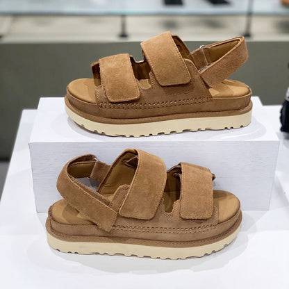 Sandalias de velcro con tiras gruesas en la parte inferior de cuero genuino para mujer, de primavera y verano, con punta abierta y aumento de altura