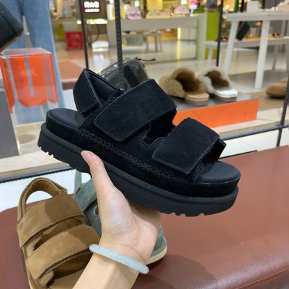 Sandalias de velcro con tiras gruesas en la parte inferior de cuero genuino para mujer, de primavera y verano, con punta abierta y aumento de altura