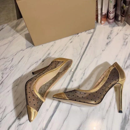 Tacones de aguja de malla sexy con costuras para mujer con punta puntiaguda