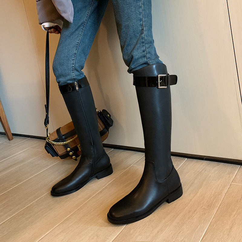 Botas de caballero con punta redonda estilo retro para mujer