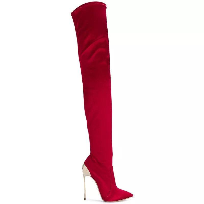 Botas altas hasta la rodilla de tela elástica para mujer, color liso