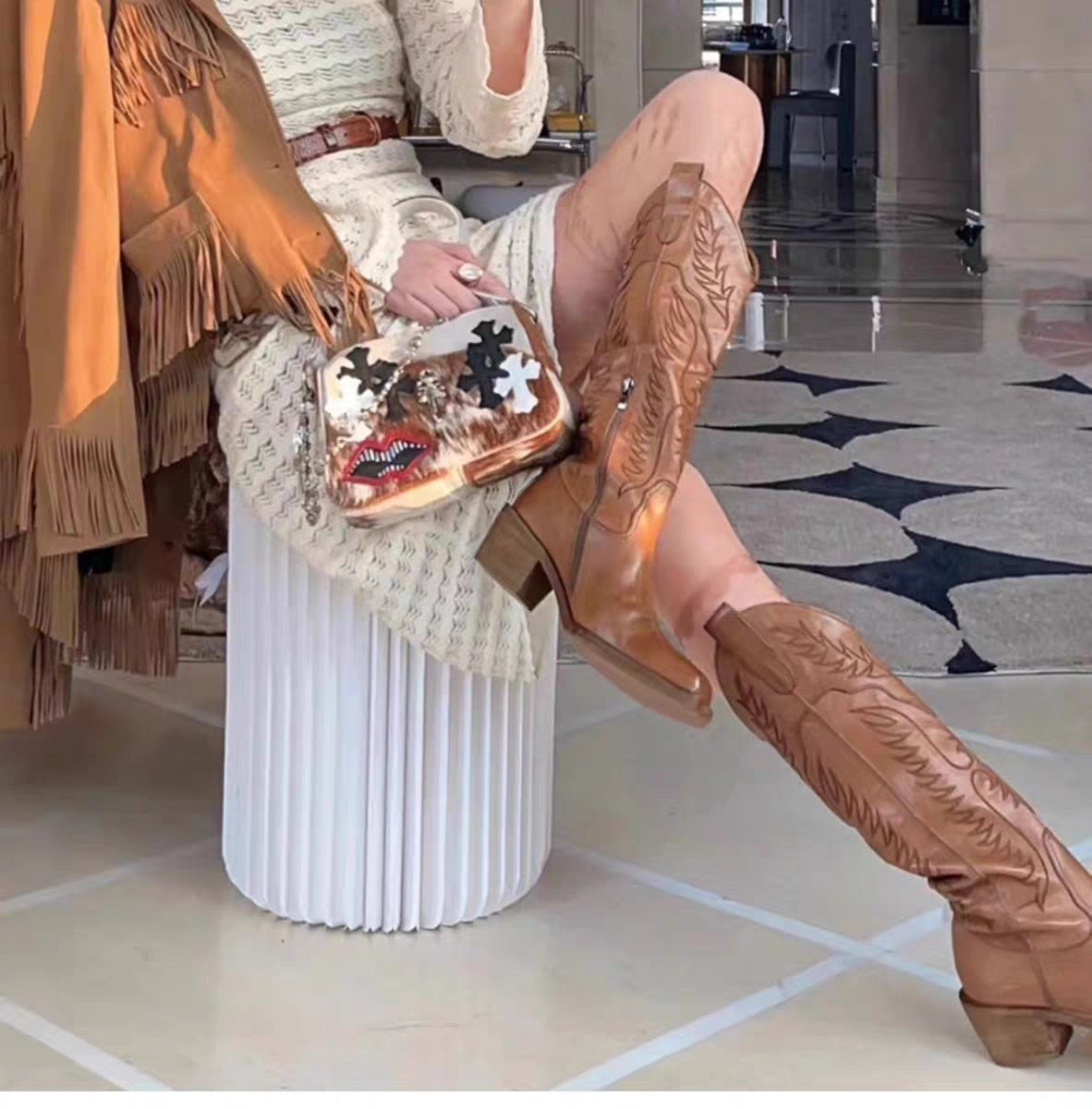 Botas vaqueras estilo western con tacón grueso y punta cuadrada estilo retro para mujer