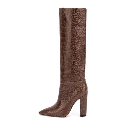 High Leg Boot Chunky Heel European And American Crocodile Pattern