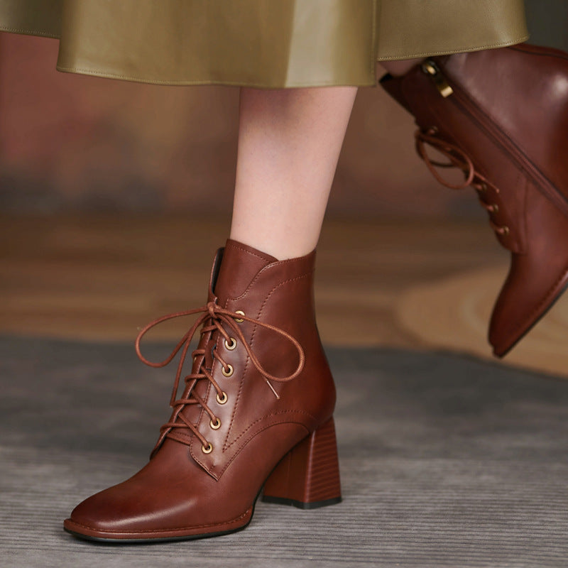 Botas de tacón alto cortas y sencillas con cordones estilo retro británico para mujer, otoño e invierno 2022