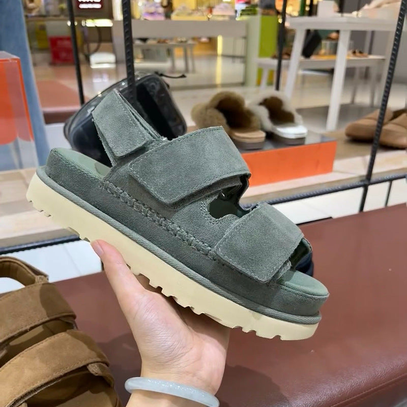 Sandalias de velcro con tiras gruesas en la parte inferior de cuero genuino para mujer, de primavera y verano, con punta abierta y aumento de altura