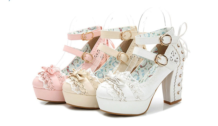 Zapatos Mary Jane de tacón alto japoneses de princesa dulce para otoño, impermeables, con lazo de encaje 