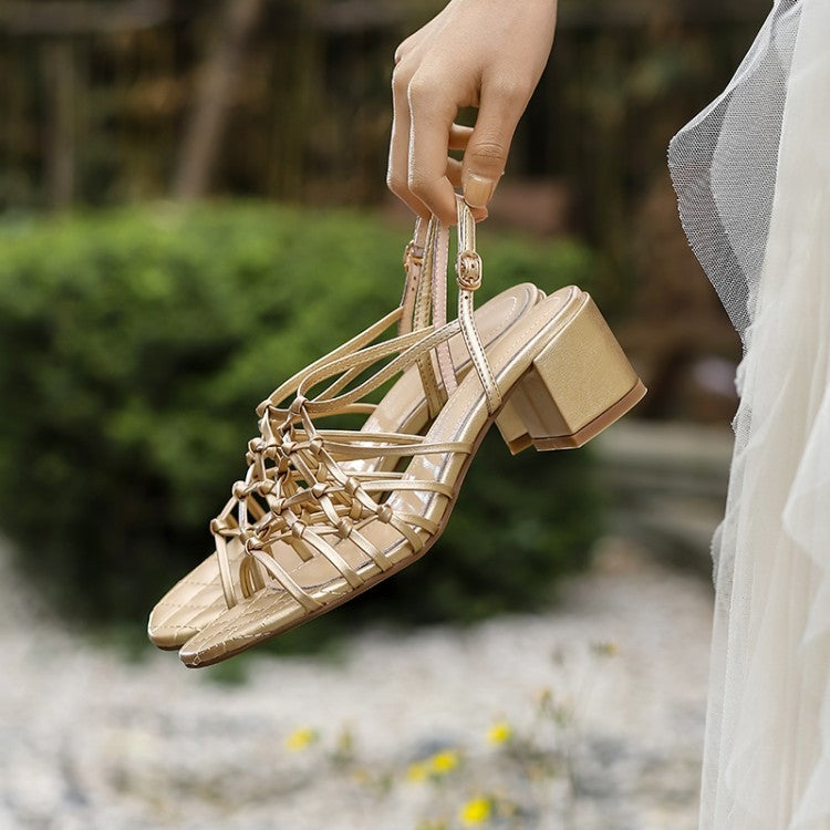 Sandalias romanas para mujer, zapatos planos de tacón medio alto con hebilla dorada