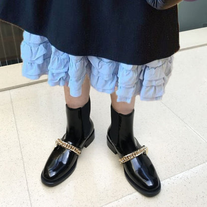 Botas de mujer de tacón medio plano con cadena de metal y punta redonda