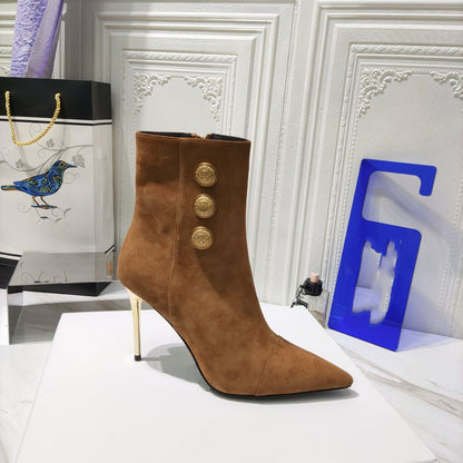 Botas femininas de bico fino em camurça de cor sólida da moda