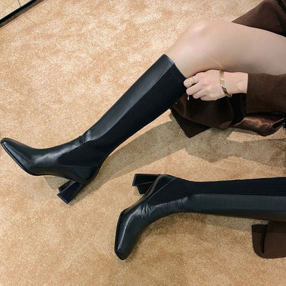 Botas de tacón alto con cremallera trasera de punto para mujer de moda