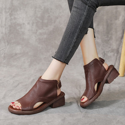 Sandalias de mujer de piel auténtica con tacón medio y suela suave estilo retro artístico