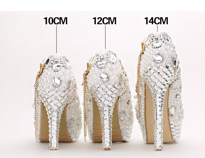 Sapatos de casamento de cristal de luxo com luz de pérola à prova d'água de salto alto