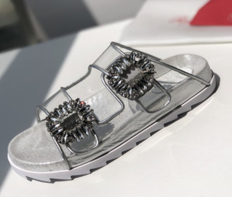 RV Rhinestone Square Buckle Leather Slippers Outer Wear Women's  Toe Double Ring Strap Flat Sandals