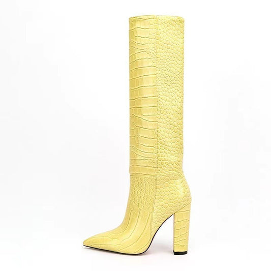 High Leg Boot Chunky Heel European And American Crocodile Pattern