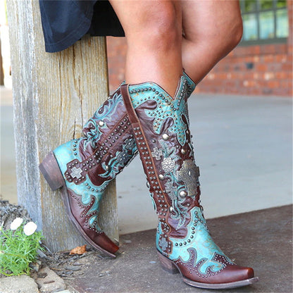 Women's Pointed Thick Heel Embroidered Printed Lace-up Mid-tube Boots