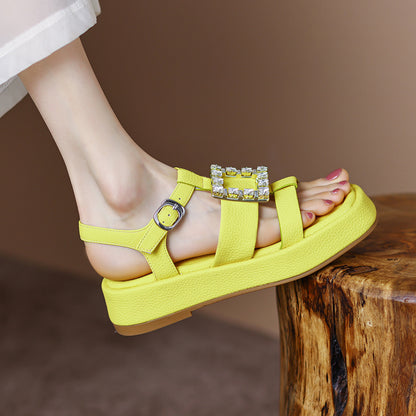 Women's Yellow Rhinestone Square Buckle Platform Roman Shoes