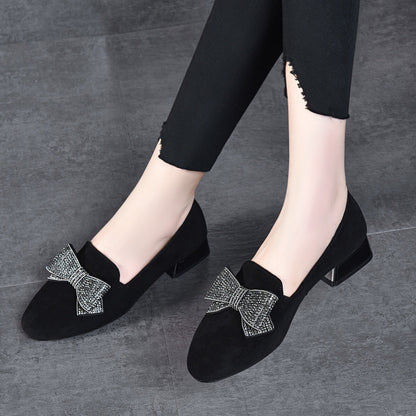 All-matching Round Toe Rhinestone Bow Leather Shoes