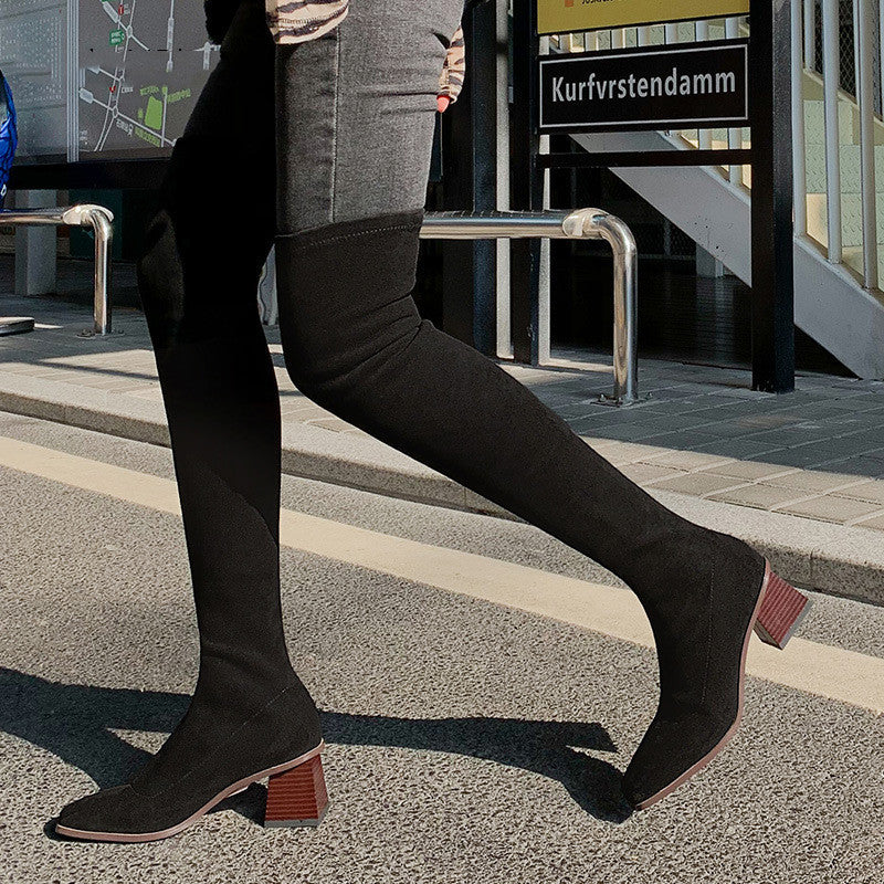 Botas de tacón alto de ante elástico de invierno para mujer