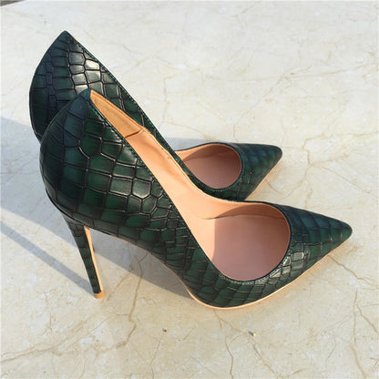 Nuevos tacones altos con estampado de piedras de color verde oscuro