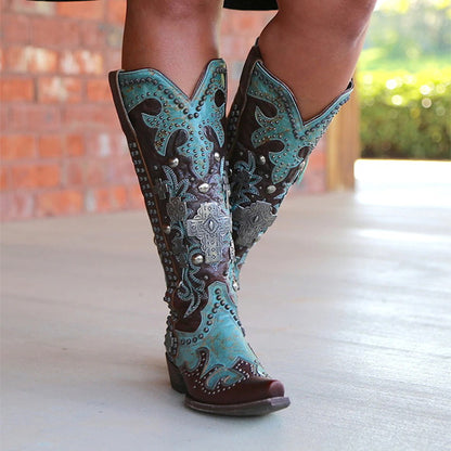 Women's Pointed Thick Heel Embroidered Printed Lace-up Mid-tube Boots