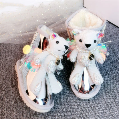 Botas de nieve con oso de diamantes de imitación y personalidad a la moda para mujer