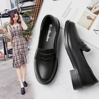 Small Leather Shoes Female British Style Thick Heel Black Retro Japanese Loafers Mid-heel Shoes