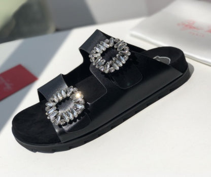 RV Rhinestone Square Buckle Leather Slippers Outer Wear Women's  Toe Double Ring Strap Flat Sandals