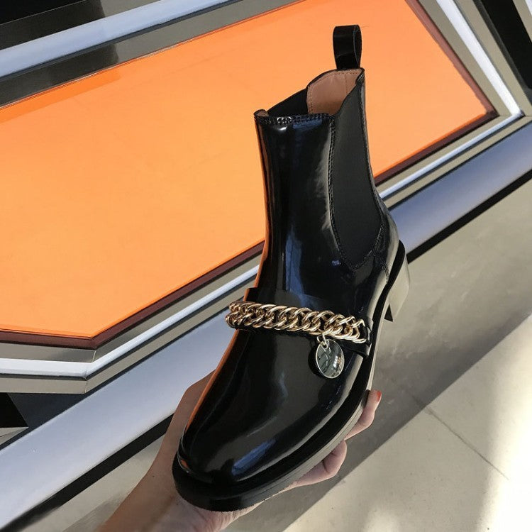 Botas de mujer de tacón medio plano con cadena de metal y punta redonda