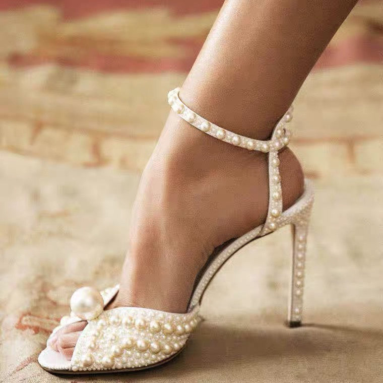 Sandalias de perlas con forma de boca de pez, zapatos de novia para boda para mujer