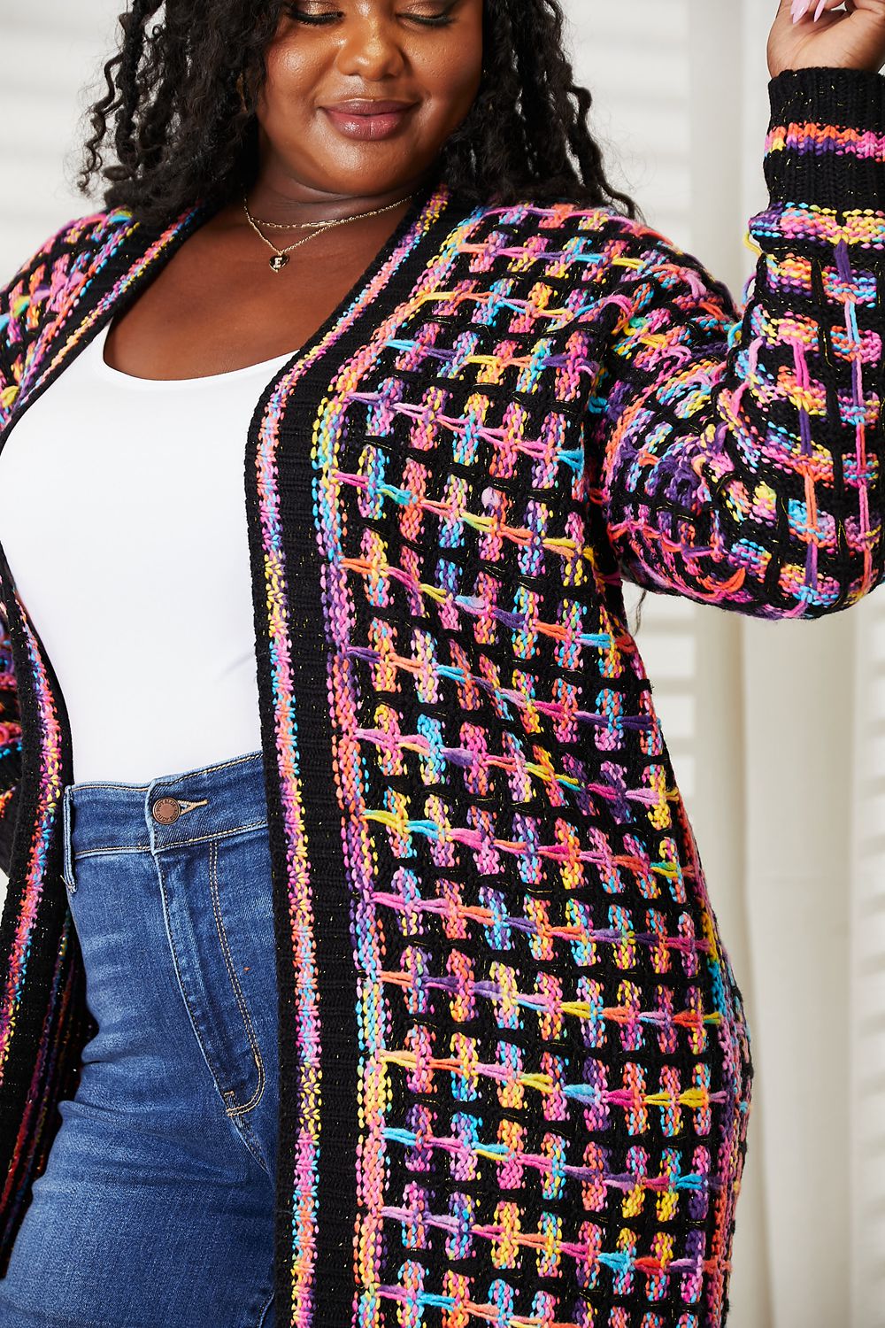 Cardigan multicolorido com franjas na frente aberta e bainha