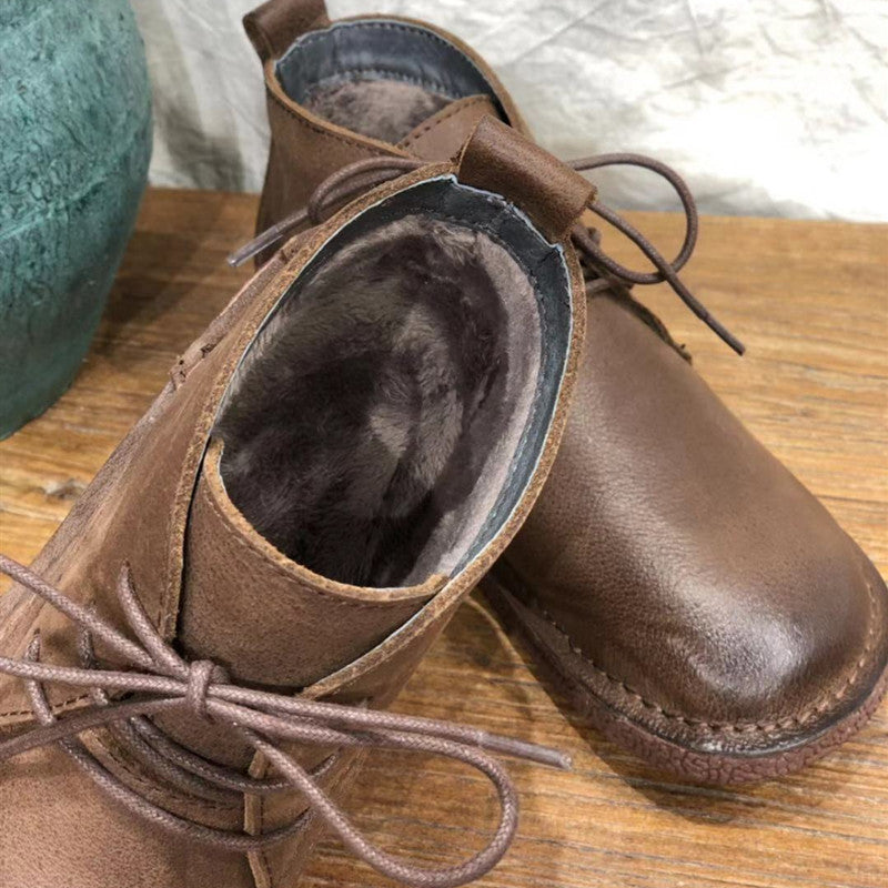 Botas de couro retrô com cadarço, versáteis, de couro bovino, retrô, feitas à mão