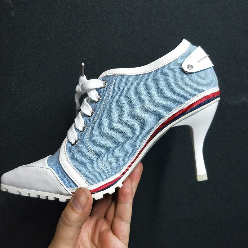 Zapatos de tacón alto blancos con tiras y cordones de 8 cm para mujer, zapatos de tacón de aguja puntiagudos de color amarillo con diseño de nicho para primavera