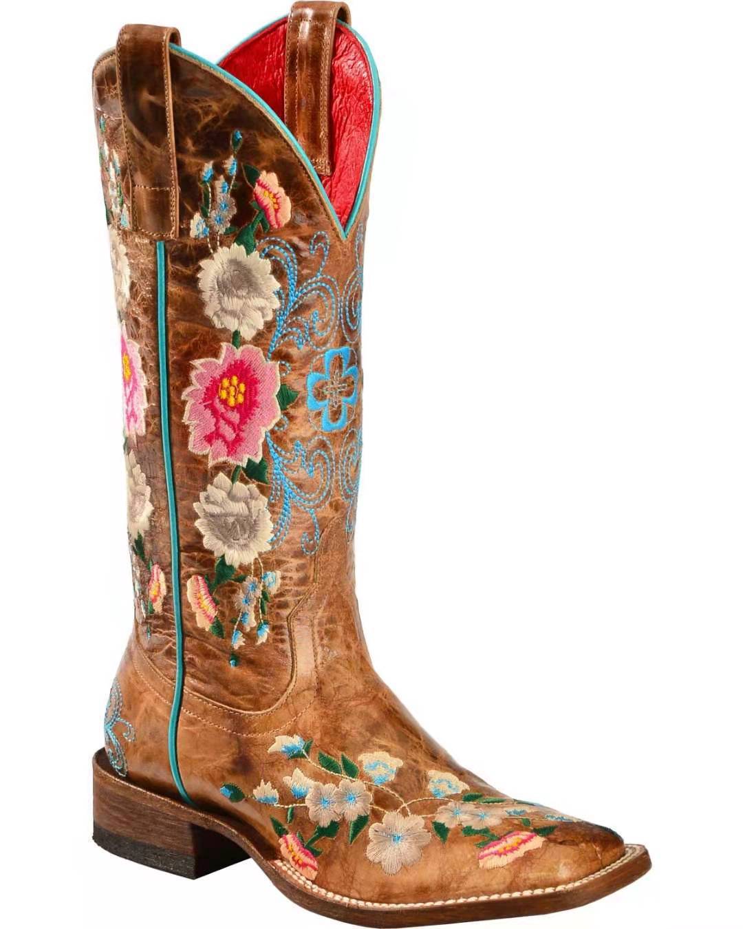 Botas altas de caballero vintage con flores para mujer, botas de moda de PU artificial marrón altas