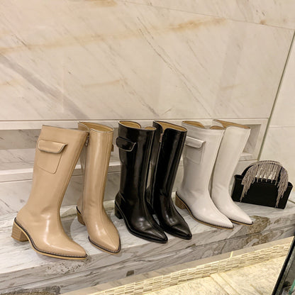 Botas vaqueras de piel auténtica para mujer con bolsillos laterales y cremallera