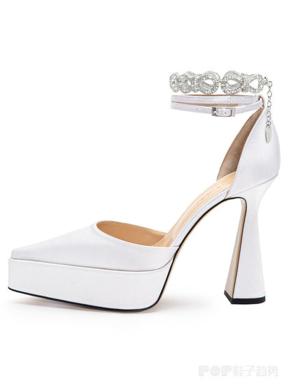 New Pointed Toe Strap Rhinestone Chunky High-heeled Sandals