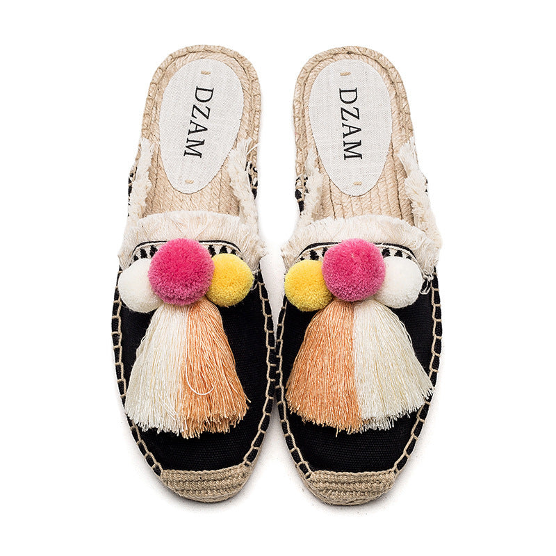 Fringed Straw Slippers Casual Lazy Fur Ball Linen Flat